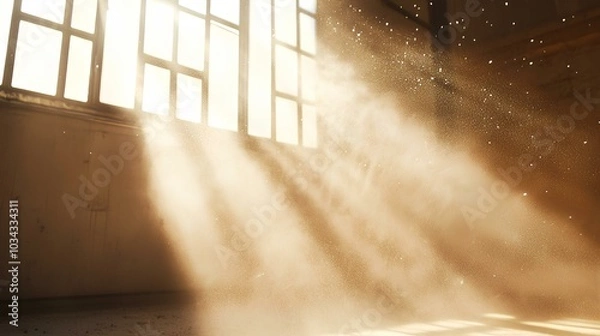 Obraz Close-up of sunlight streaming through a dusty window in an empty room, highlighting the dust particles in the air