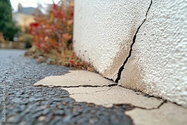 Fototapeta Close up of a large crack in a foundation wall and driveway, indicating structural damage