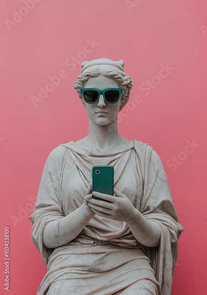 Obraz Ancient female statue wearing sunglasses, taking pictures with a cell phone. Social media retrofuturism background