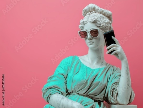 Obraz Ancient female statue wearing sunglasses, using a cell phone. Social media retrofuturism background