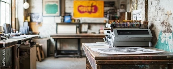 Fototapeta Artist's studio with a printer and paints.