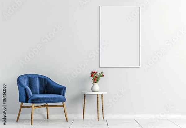 Fototapeta Bright room with a blue armchair on the wall hanging an empty frame, mockup