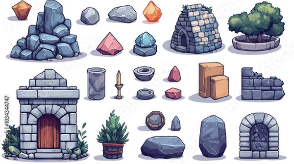 Fototapeta Set of casual game assets on transparent background in flat style