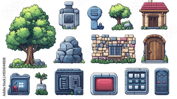 Fototapeta Set of casual game assets on transparent background in flat style