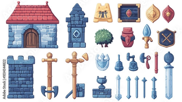 Fototapeta Set of casual game assets on transparent background in flat style