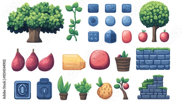 Fototapeta Set of casual game assets on transparent background in flat style