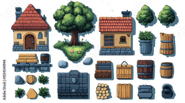 Fototapeta Set of casual game assets on transparent background in flat style