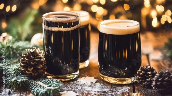 Fototapeta Festive drinks with pine cones on a wooden table