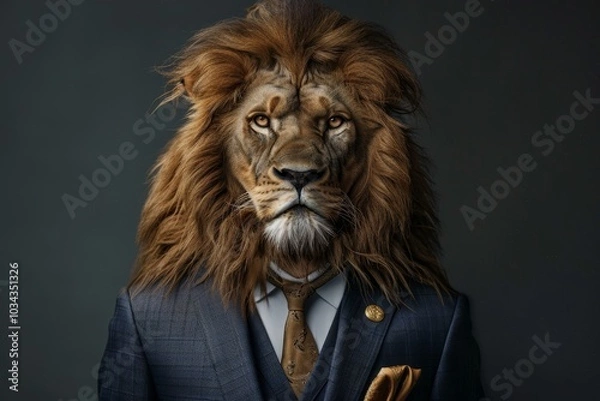 Fototapeta A majestic lion stands upright in a meticulously tailored suit, exuding an air of confidence and sophistication amidst a dark backdrop that highlights its regal features.