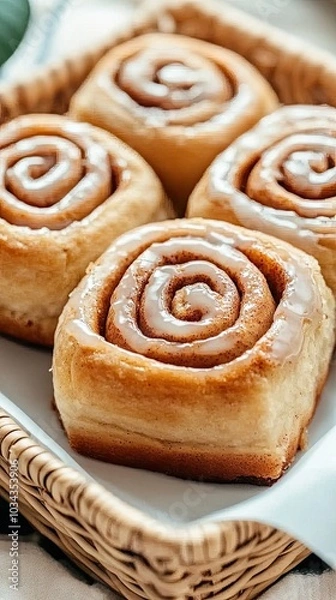 Fototapeta Warm cinnamon rolls sit invitingly in a dish, drizzled with creamy icing, creating a delicious breakfast treat perfect for sharing with friends and family