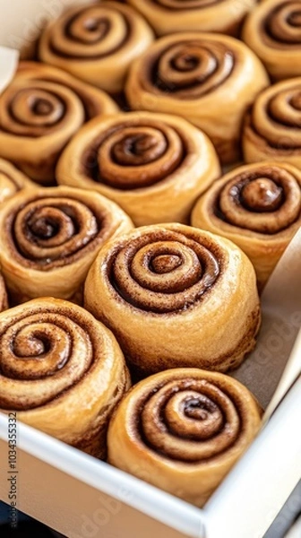 Fototapeta Warm cinnamon rolls sit invitingly in a dish, drizzled with creamy icing, creating a delicious breakfast treat perfect for sharing with friends and family