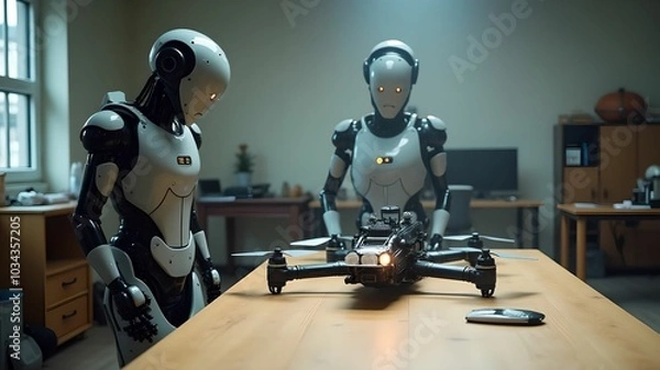 Fototapeta Robots are standing near the table, assemble a drone, for the army