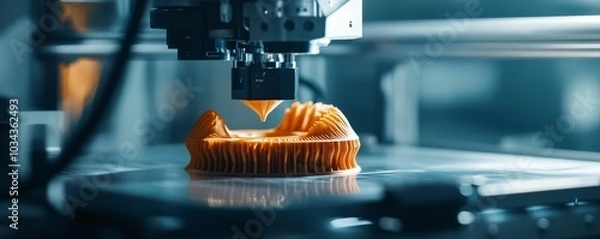 Fototapeta 3D printer creates orange plastic object.