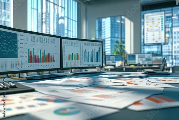 Fototapeta A professional office space with a large desk multiple screens displaying graphs and financial reports scattered around
