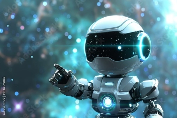 Fototapeta The robot enthusiastically points into the cosmos, surrounded by a shimmering array of stars and galaxies, showcasing a blend of technology and wonder in space exploration.