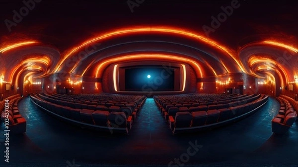 Obraz Create a 360-degree equirectangular HDRI image of a futuristic movie theater interior to be used as a background in a render to be used in 360 degree virtual Environment environment should be dark
