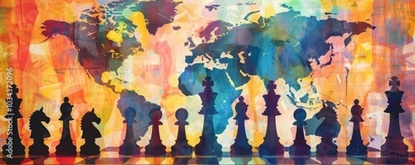 Fototapeta Global Chessboard A Watercolor Abstract of Strategy and Power