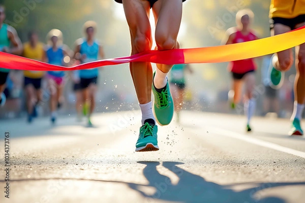Fototapeta Marathon runner crossing the finish line, breaking the red tape. The sunlit street adds a sense of accomplishment and excitement.
