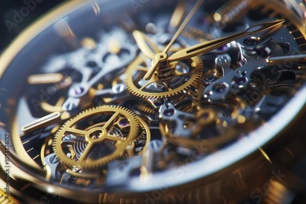 Fototapeta The close-up view reveals the intricate mechanics of a golden mechanical watch, highlighting its gears and precision craftsmanship, emphasizing fine details and artistry.