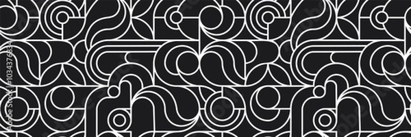 Fototapeta Black and white linear seamless pattern.Geometric background with circles, arcs and arches.Texture for printing on fabric and paper.Vector graphic design for use in wallpaper,cover,textile,backdrop.