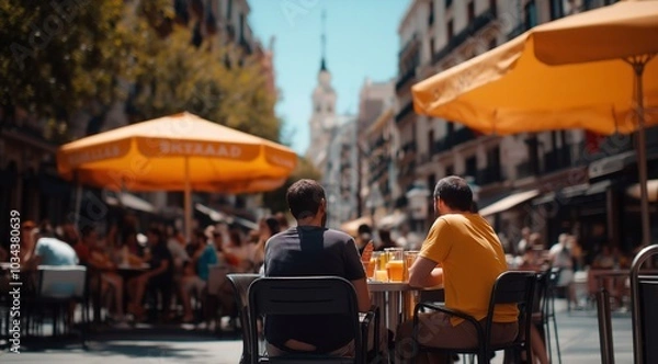 Fototapeta an open-air cafe on the streets of Madrid, Spain, in a sunny summer.