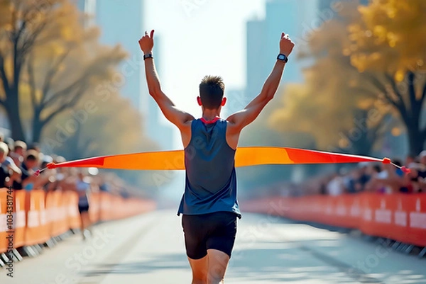 Fototapeta Marathon runner crossing the finish line, breaking the red tape. The sunlit street adds a sense of accomplishment and excitement.