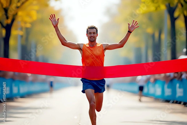 Obraz Marathon runner crossing the finish line, breaking the red tape. The sunlit street adds a sense of accomplishment and excitement.