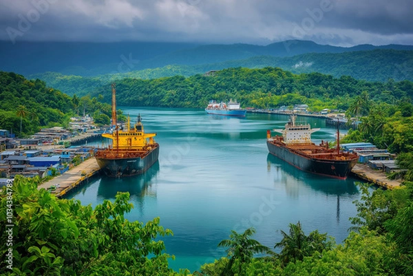 Obraz beautiful port with blue water and lots of boats and ships in the caribian 