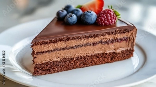 Fototapeta Chocolate Cake Slice with Berries on a White Plate