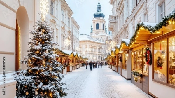 Obraz Festive winter streets of Europe featuring Christmas markets in Prague, Nuremberg, Stuttgart, Strasbourg, and Warsaw