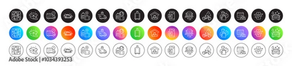 Fototapeta Baggage reclaim, Route and Car wash line icons. Round icon gradient buttons. Pack of Add handbag, Flight mode, Gps icon. Storage, Bike attention, Delivery truck pictogram. Vector