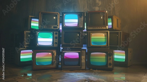 Fototapeta Tower of vintage retro televisions with static screens, nostalgic display of old TV sets showcasing vintage technology and retro aesthetics.