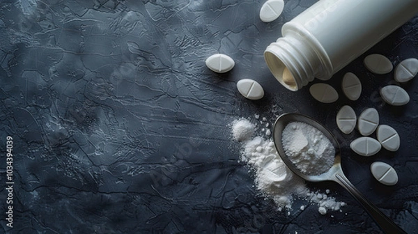 Fototapeta Spilled white tablets and powdered medication with spoon, healthcare and pharmaceutical concept, closeup on dark textured background highlighting supplements.