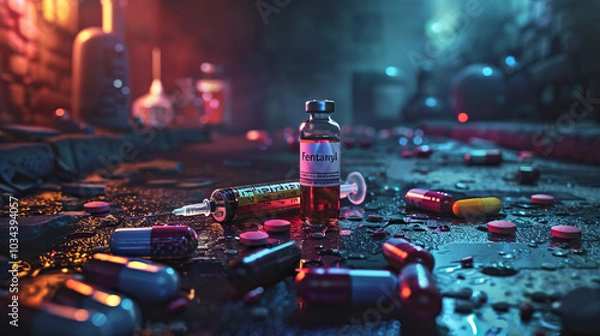 Fototapeta Fentanyl bottle with syringe and scattered pills, gritty overdose concept in dark environment highlighting the dangers of opioid abuse.
