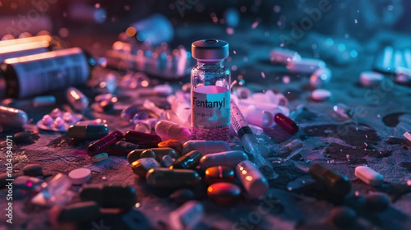 Fototapeta Fentanyl vial with syringe and scattered pills, opioid addiction and overdose crisis concept in a dark environment.