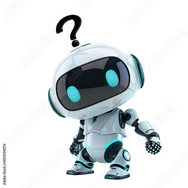 Fototapeta Cute Ai Robot, confused question on the head, Bot Assistant isolated on a white background.