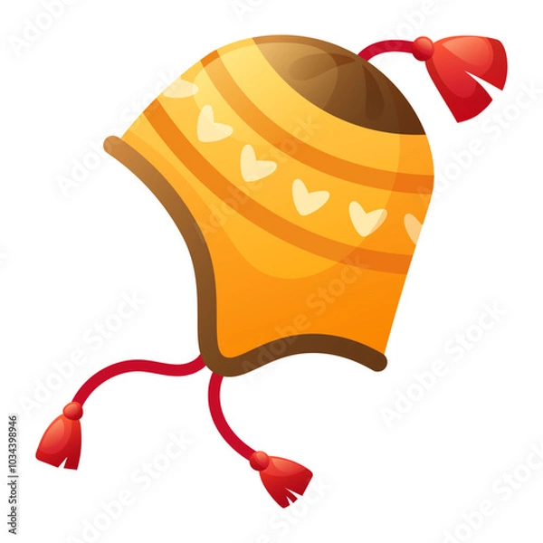 Obraz Autumn winter yellow hat with tassels isolated on white background. Modern wool knitted headwear. Fashionable cap, warm clothes for cold weather. Clothes icon, vector illustration.