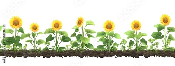 Obraz Flat vector illustration of sunflowers growing in rows, against a white background, in a simple and clean style, with bright colors