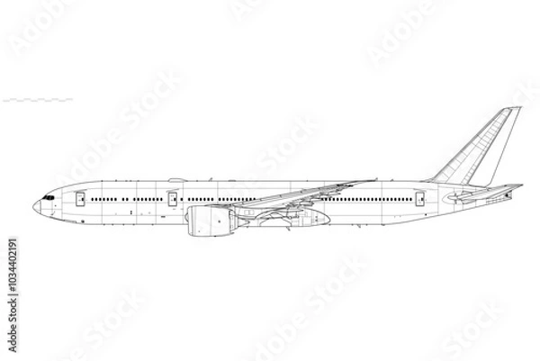 Fototapeta Boeing 777-8. Vector drawing of wide body jet airliner. Side view. Image for illustration and infographics.