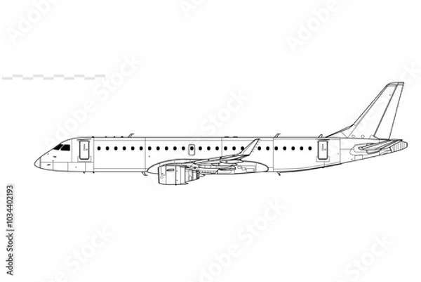 Obraz Embraer E-190. Vector drawing of regional airliner. Side view. Image for illustration and infographics.