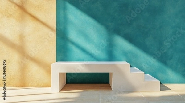 Fototapeta A stylish white bench with adjacent steps contrasts beautifully with yellow and teal walls bathed in sunlight, creating a serene and inviting atmosphere