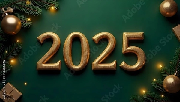Fototapeta Golden serif glittery numbers 2025 on a dark green blue, contrasted by soft yellow lights, with a rustic-style Christmas tree adorned with handmade decorations and burlap ribbons.