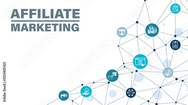 Fototapeta Affiliate marketing concept with icons. Pay per click, buyer, publisher, link, advertising, website, SEO, merchant. Web vector infographic