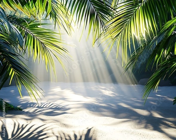 Fototapeta Sunlight filtering through palm leaves onto the sandy beach below casting intricate shadows across the ground