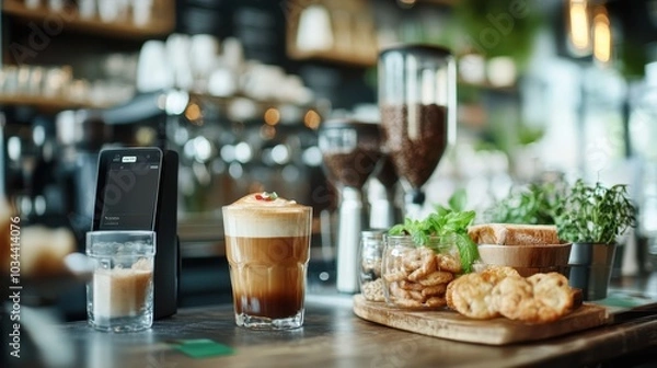 Fototapeta A delightful setup of a creamy coffee with whipped topping, placed on a counter alongside various snacks and herbs in a lively cafe with brewing equipment visible.