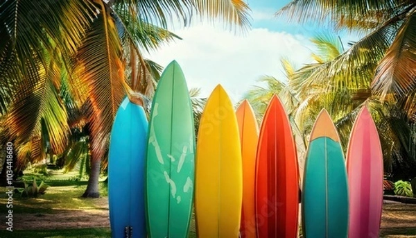 Fototapeta Colorful surfboards leaning against palm trees in a tropical setting