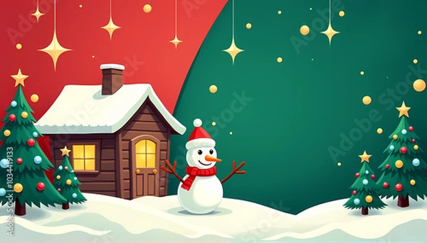 Fototapeta Illustrated Christmas card featuring a smiling snowman in front of a rustic wooden cabin surrounded by decorated Christmas trees, with a starry sky and cheerful winter mood.