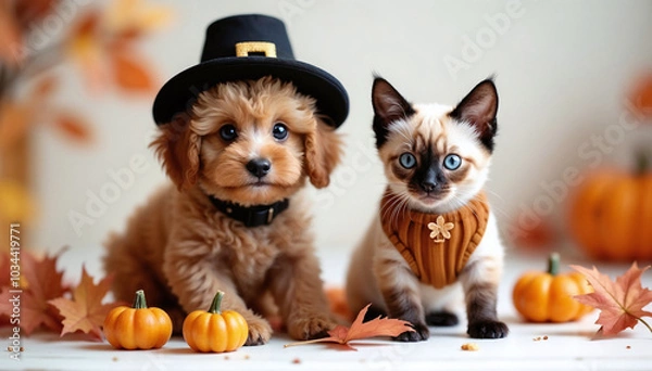 Fototapeta Charming portrait of a poodle puppy in a Thanksgiving hat next to a Siamese kitten with autumn foliage and pumpkins, in festive themed studio.