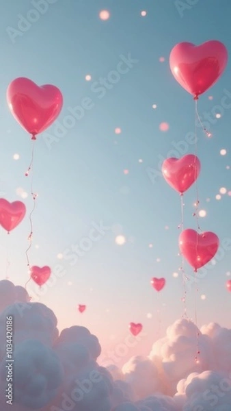 Fototapeta Heart-shaped balloons floating in a pastel sky above soft clouds during sunset, creating a dreamy atmosphere for celebration
