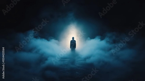 Fototapeta A lone figure stands in a misty, blue-lit environment, creating a mysterious and atmospheric scene.